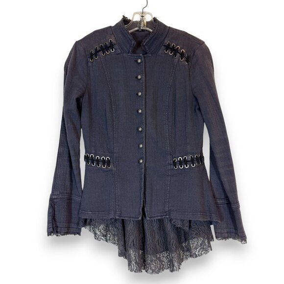 Free People Victorian Lace Up Military Jacket Corset Gray Ruffle Plum Steampunk - Picture 13 of 13